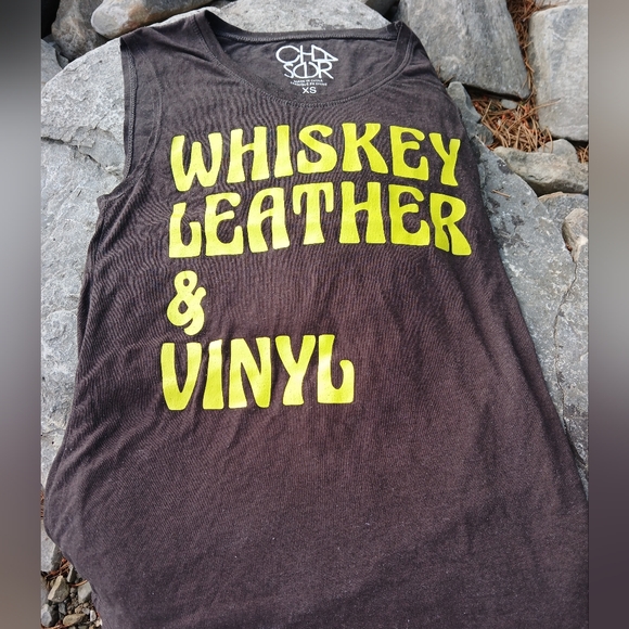 CHASER Whiskey LEATHER &Vinyl Muscle Tee Shirt Top Steel BROWN Neon Sleeveless - Picture 1 of 6